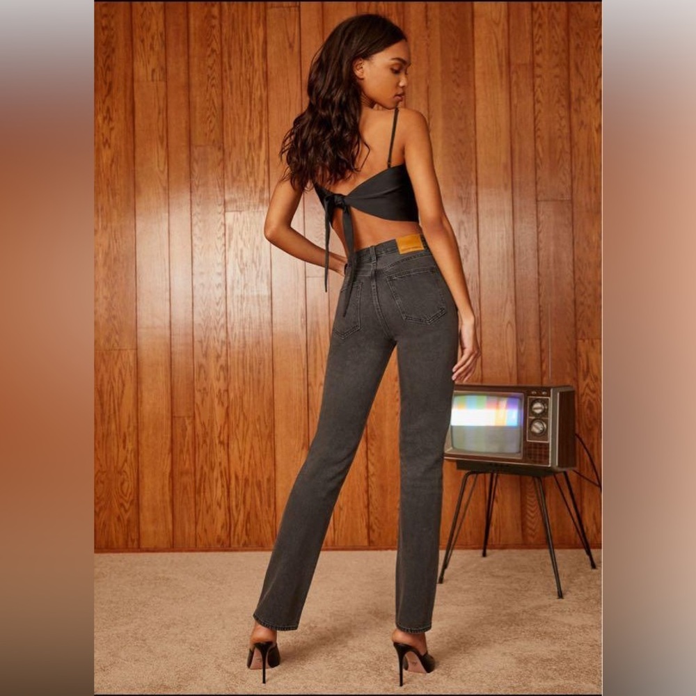 Denim Forum High-Rise Straight Leg Jeans - Charcoal Gray